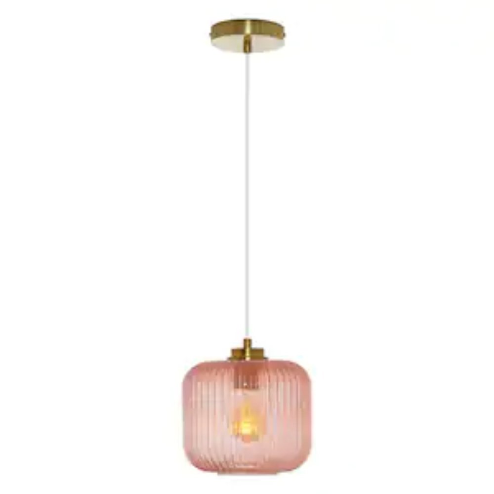NWT Hadley 8 in. 1-Light Gold Pendant with Pink Glass Shade